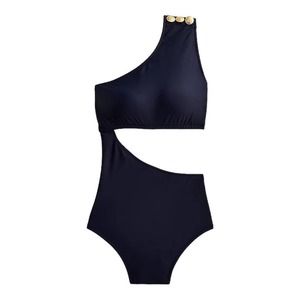 J crew Cutout one shoulder one-piece swimsuit with gold buttons